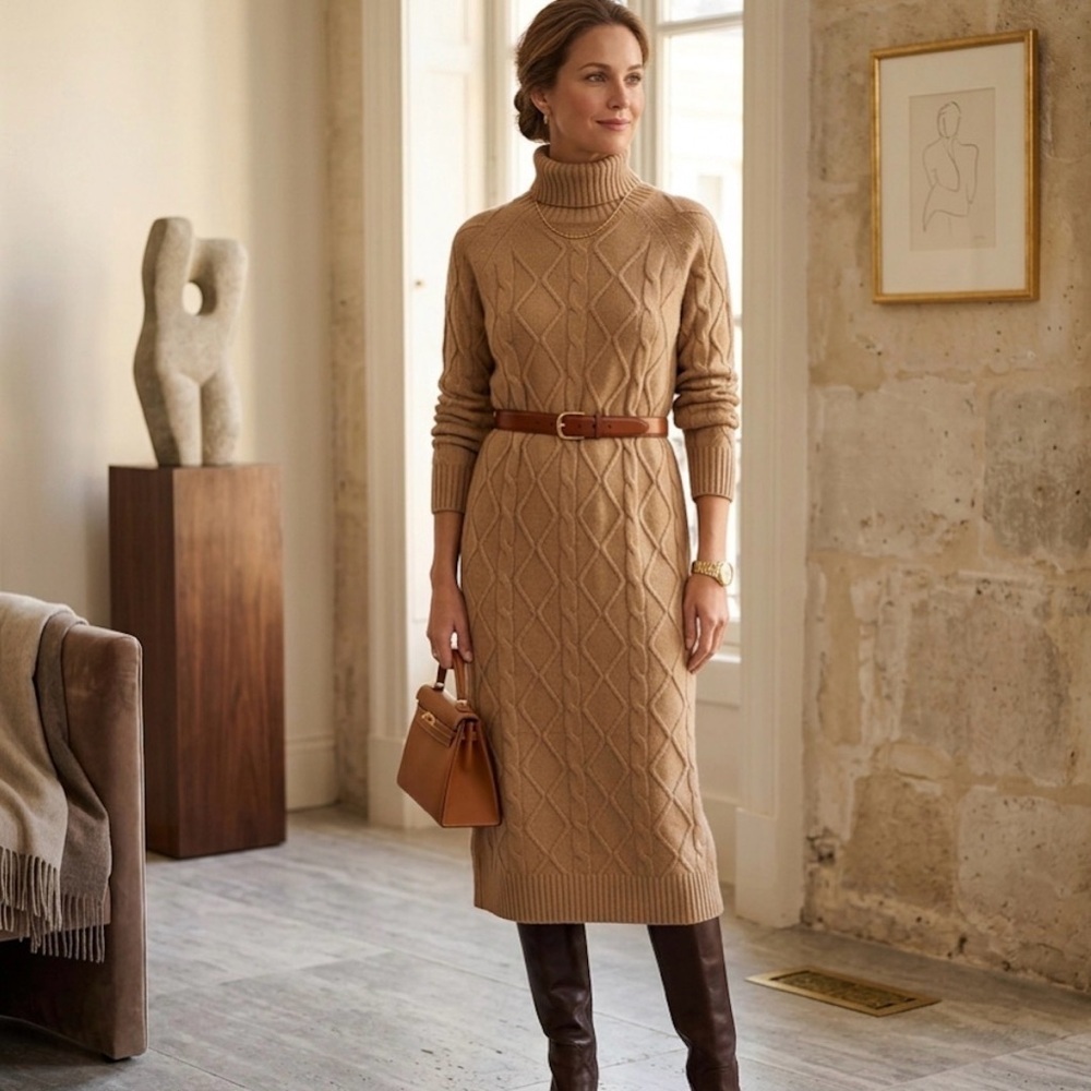 Max Mara Studio Wool/ Cashmere Blend Cable Knit Turtleneck Sweater Dress SZ L